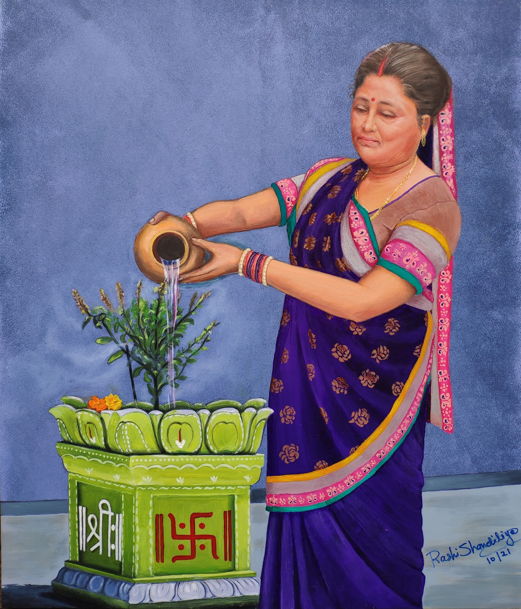 Offering water to Tulsi – SOLD