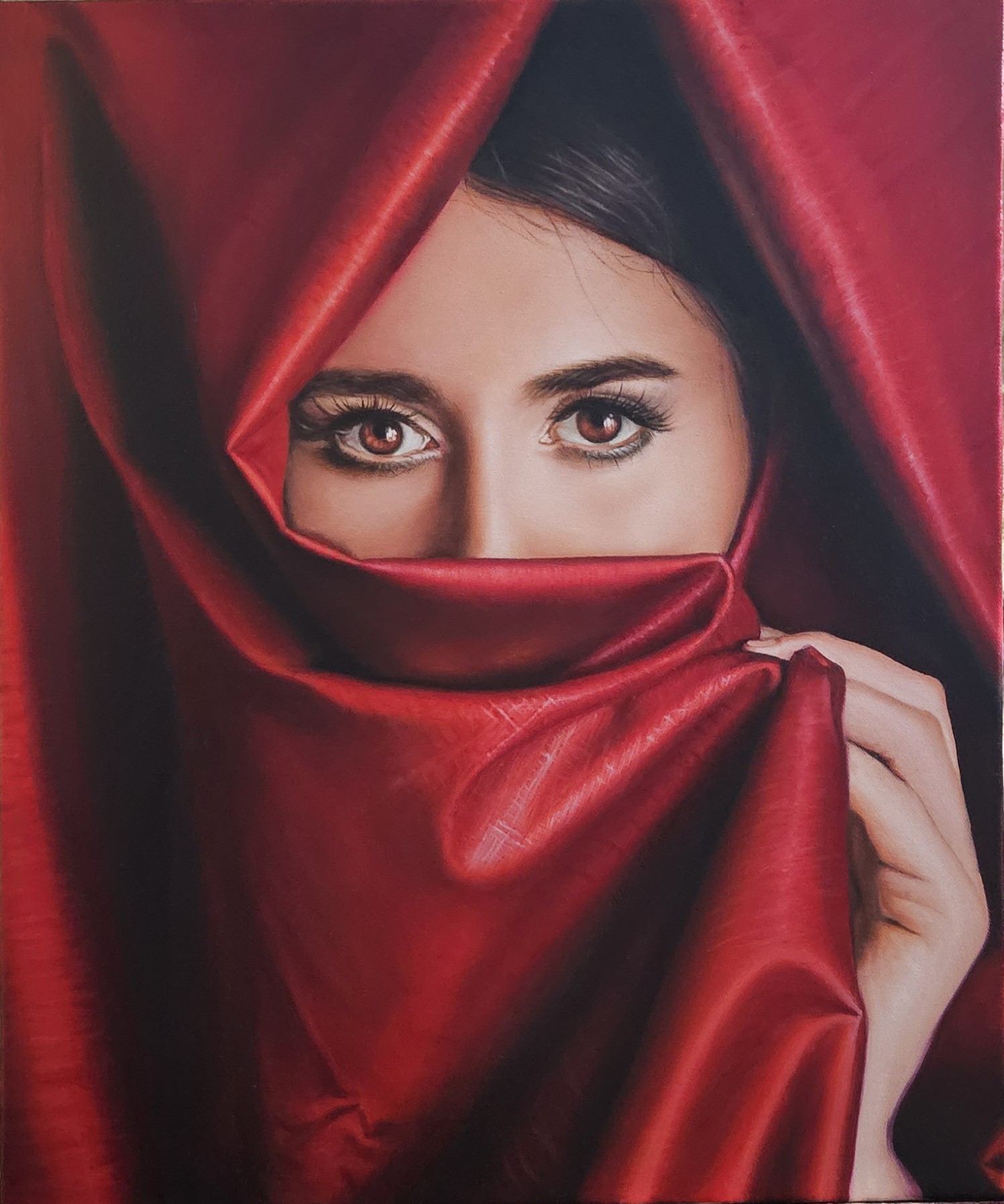 Woman Behind a Red Curtain